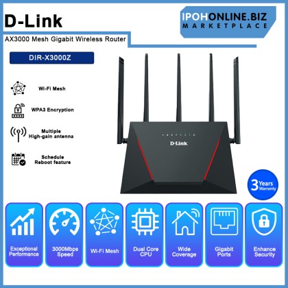 D-LINK DIR-X3000Z AX3000 High Gain Antennas MESH GIGABIT Wireless WiFi 6 Router D-LINK DIR-X3000Z AX3000 High Gain Antennas MESH GIGABIT Wireless WiFi 6 Router
